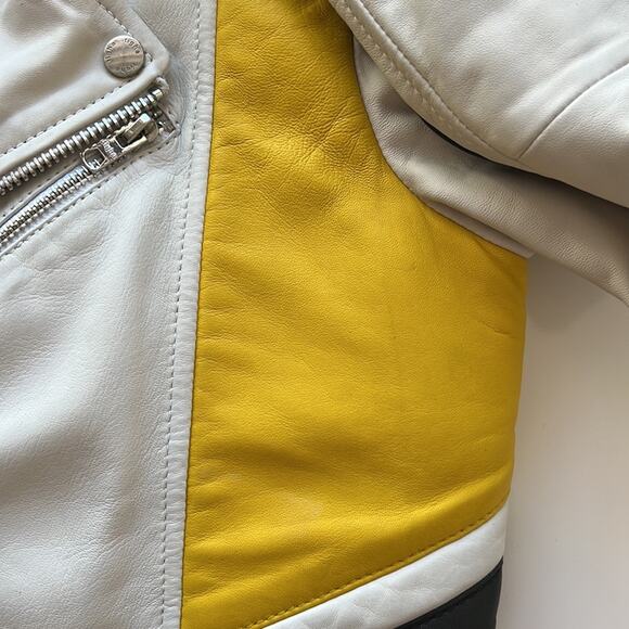 Tigha Leather Biker Jacket in White Yellow Black - Picture 11 of 16